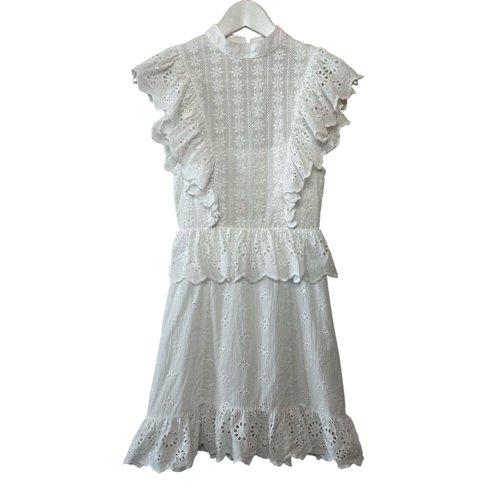 Seven Wonders White Mini Dress Cotton Eyelet Ruffle High Neck Sleeveless 2